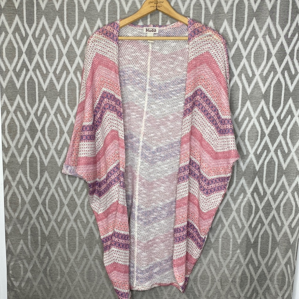 Mudd Open Dolman Sleeve Waterfall Front Cardigan Sweater Chevron Pink & Purp Med